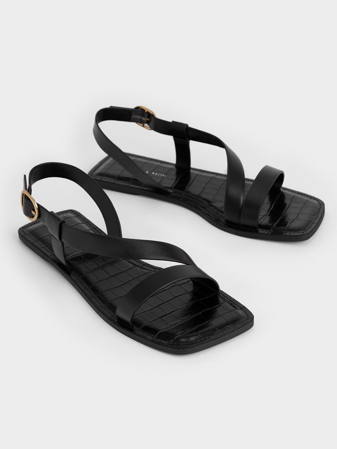 รองเท้าแตะส้นเตี้ย Black Asymmetric Slingback Flat Sandals - CHARLES ...