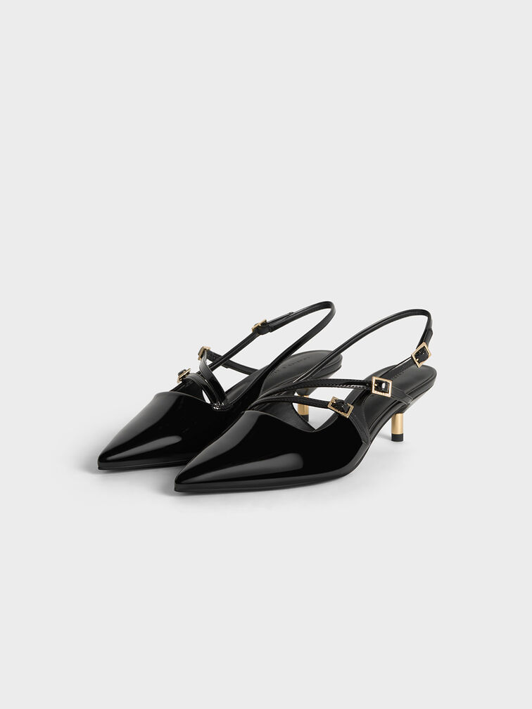 Patent Buckle-Strap Kitten Heel Slingback Pumps, หนังแก้วสีดำ, hi-res