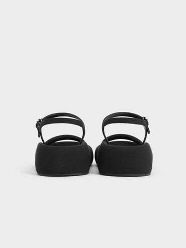 Linen Padded Flatform Sandals, Black Textured, hi-res