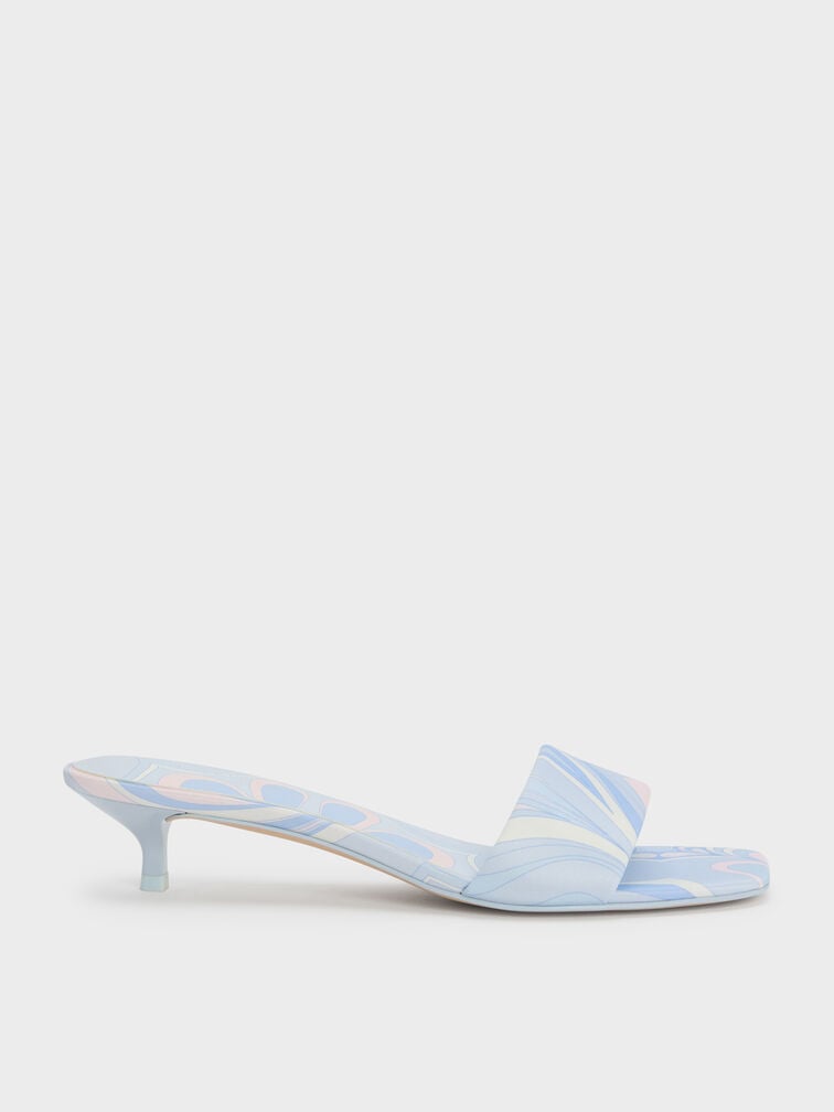 Swirl-Print Kitten-Heel Mules, Light Blue, hi-res
