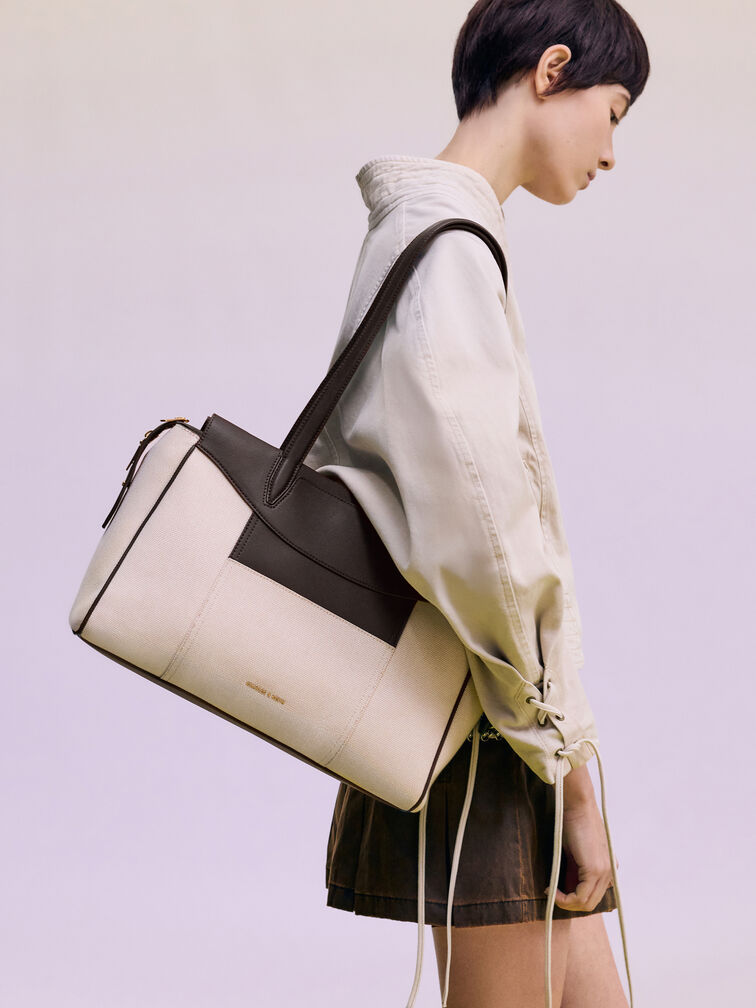 กระเป๋าโท้ทผ้าแคนวาสรุ่น Raon, สีเอสเพรสโซบราวน์, hi-res