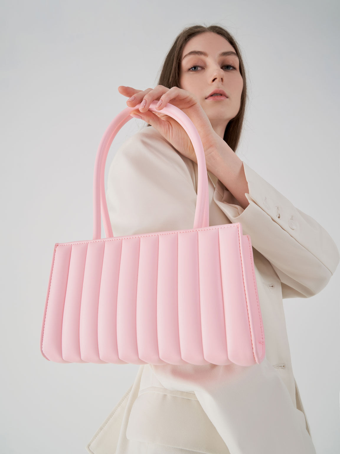 Pleated Double Handle Tote Bag, Light Pink, hi-res