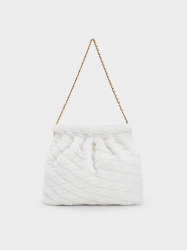 Duo Furry Chain-Handle Hobo Bag, White, hi-res