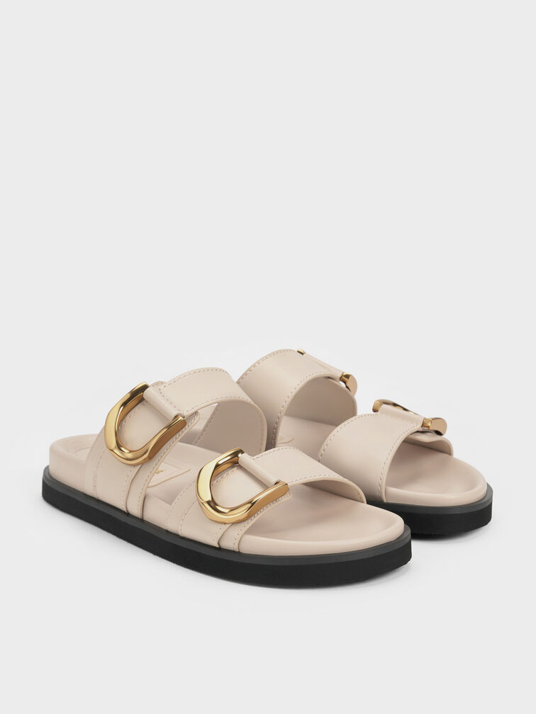 Gabine Gold-Buckle Leather Slides, Oat, hi-res