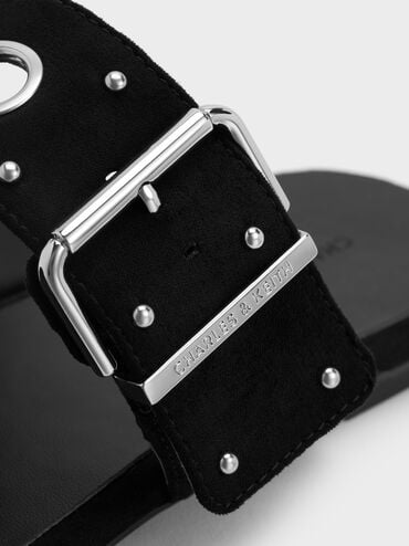 Faux Suede Grommet Buckled Slides, Black Textured, hi-res