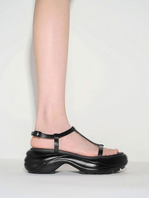 T-Bar Curved Platform Sports Sandals, Black, hi-res