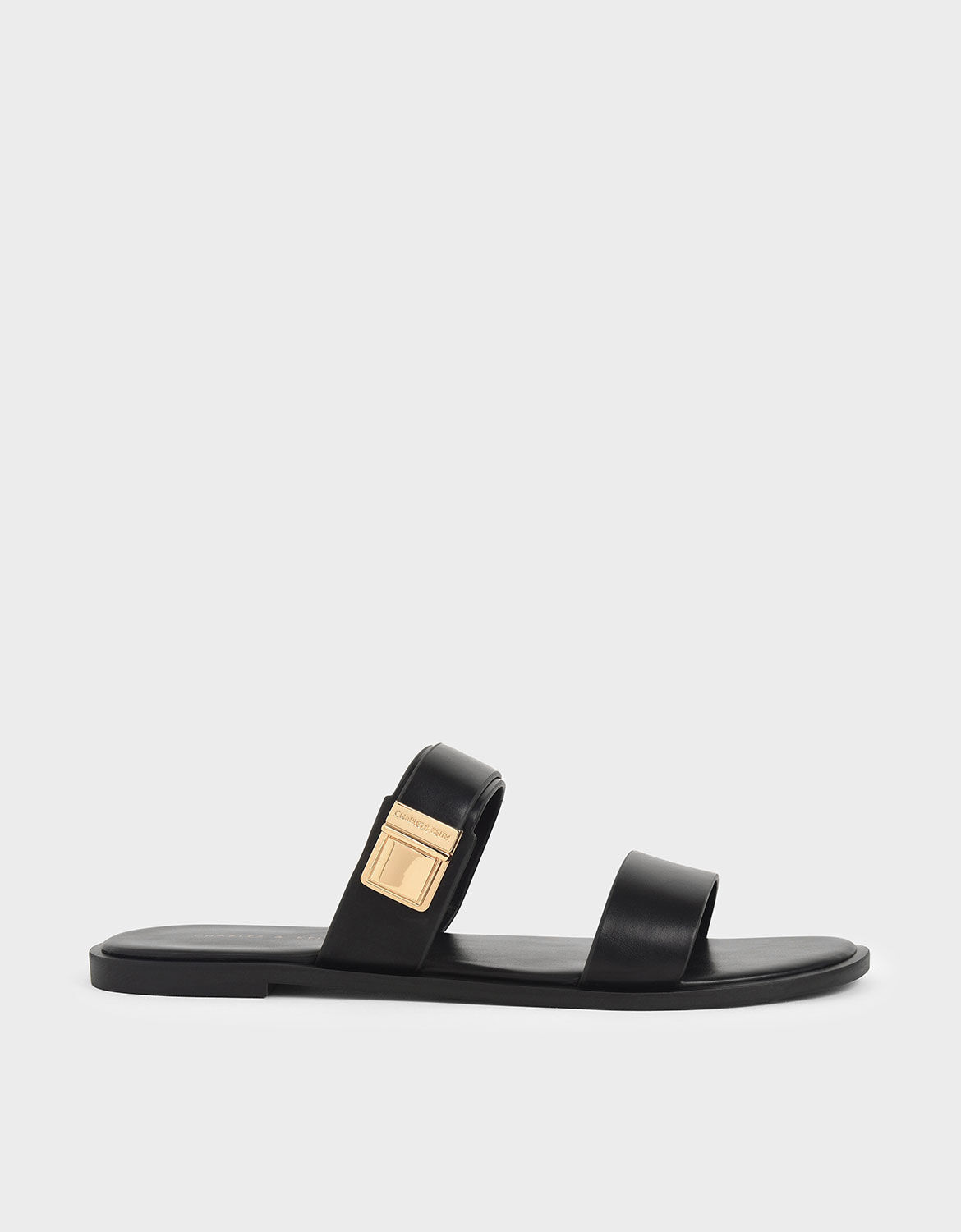 black two strap slide sandals