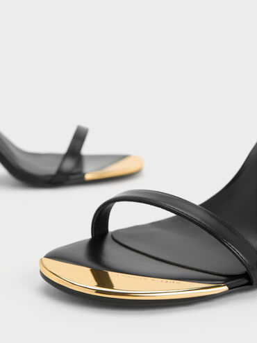 Metallic Cap Ankle-Strap Heeled Sandals, สีดำ, hi-res