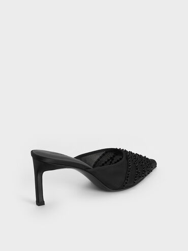 Mesh Sequinned Heeled Mules, Black Textured, hi-res