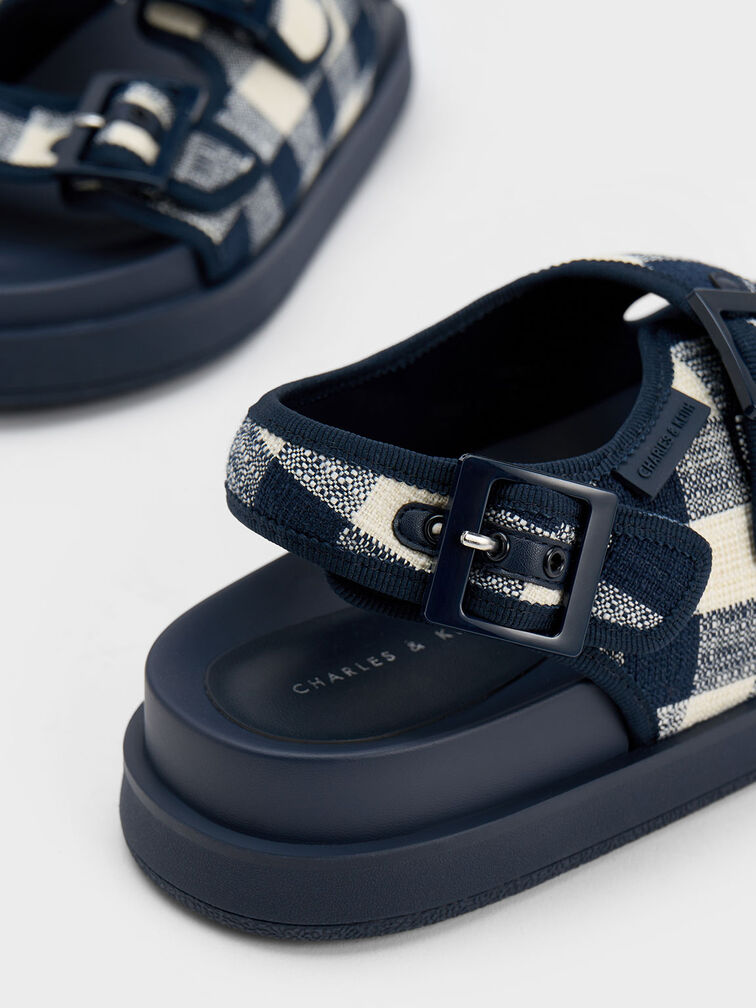 Gingham Buckled Flatform Sandals, สีดาร์คบลู, hi-res