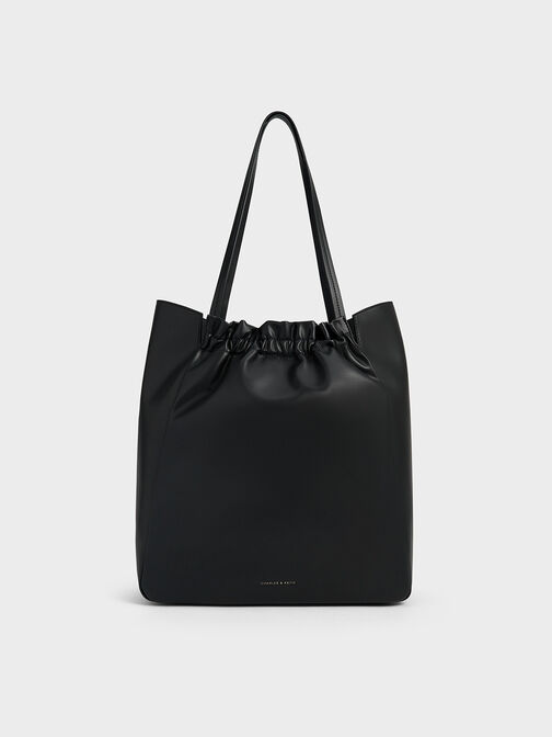 กระเป๋าโท้ทดีเทลจับจีบย่นรุ่น Brigette, สีดำอะไหล่สีเงิน, hi-res