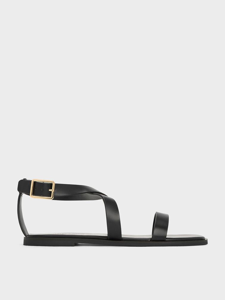 Crossover-Strap Square-Toe Sandals, Black, hi-res