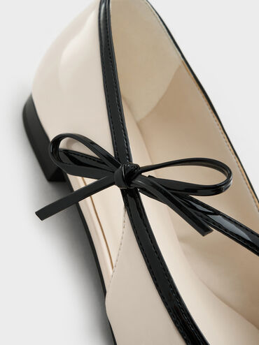 Patent Contrast-Trim Pointed-Toe Bow-Strap Flats, Chalk, hi-res