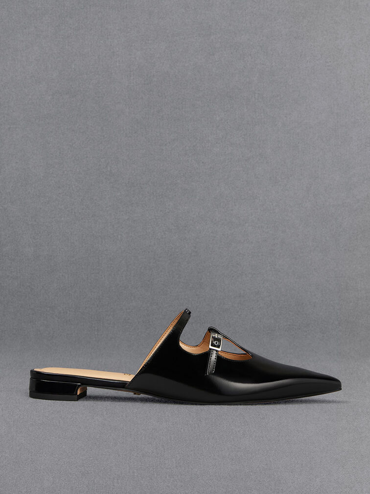 Leather T-Bar Double-Strap Mules, Black Boxed, hi-res