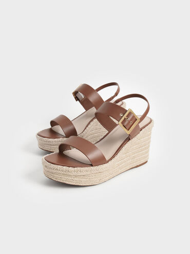 Buckled Espadrille Wedges, สีน้ำตาล, hi-res