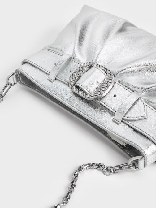 Avis Metallic Belted Ruched Shoulder Bag, สีเงิน, hi-res