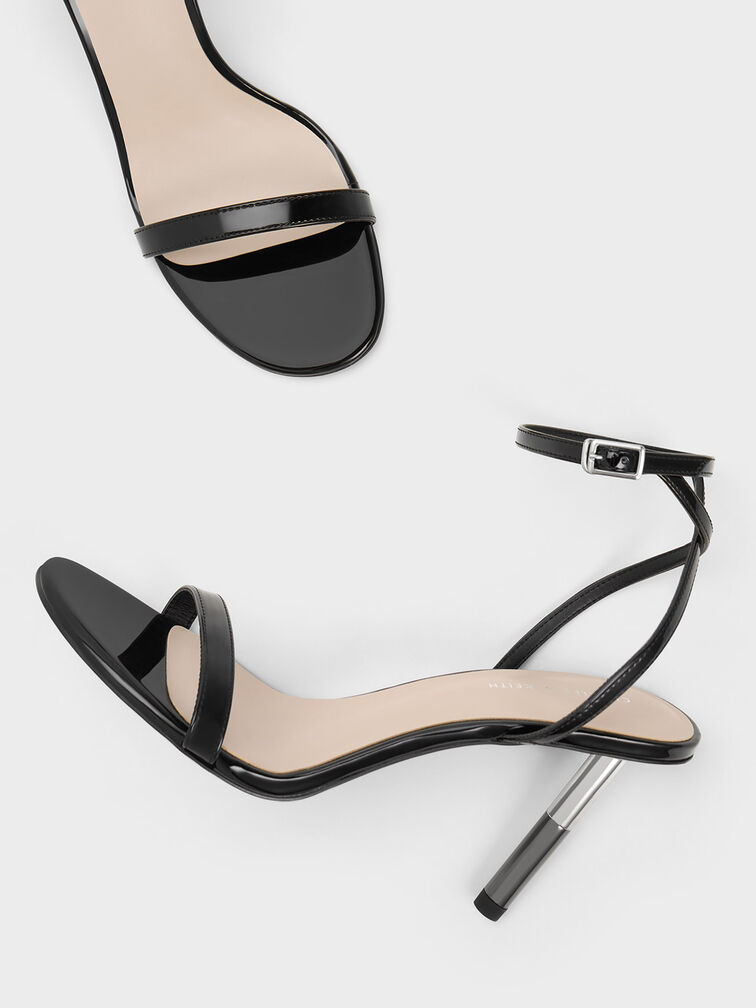 Cylindrical Metallic Heel Patent Sandals, , hi-res