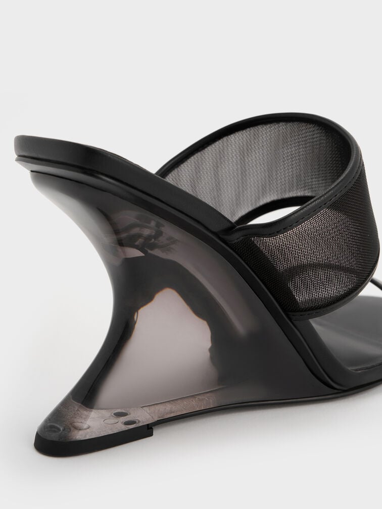 รองเท้าส้นเตารีดทรง Sculptural ดีไซน์ผ้าตาข่าย, สีแบล็คเท็กซ์เจอร์, hi-res