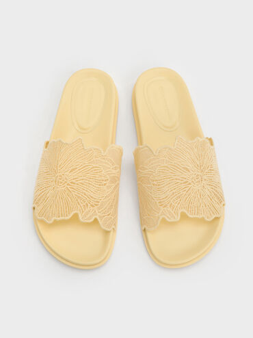 Crochet Floral Slide Sandals, Yellow, hi-res