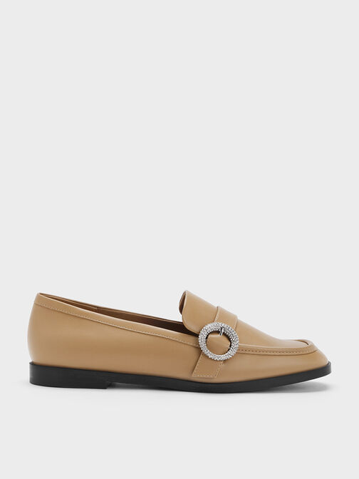 Crystal-Embellished Buckle Loafers, Camel, hi-res