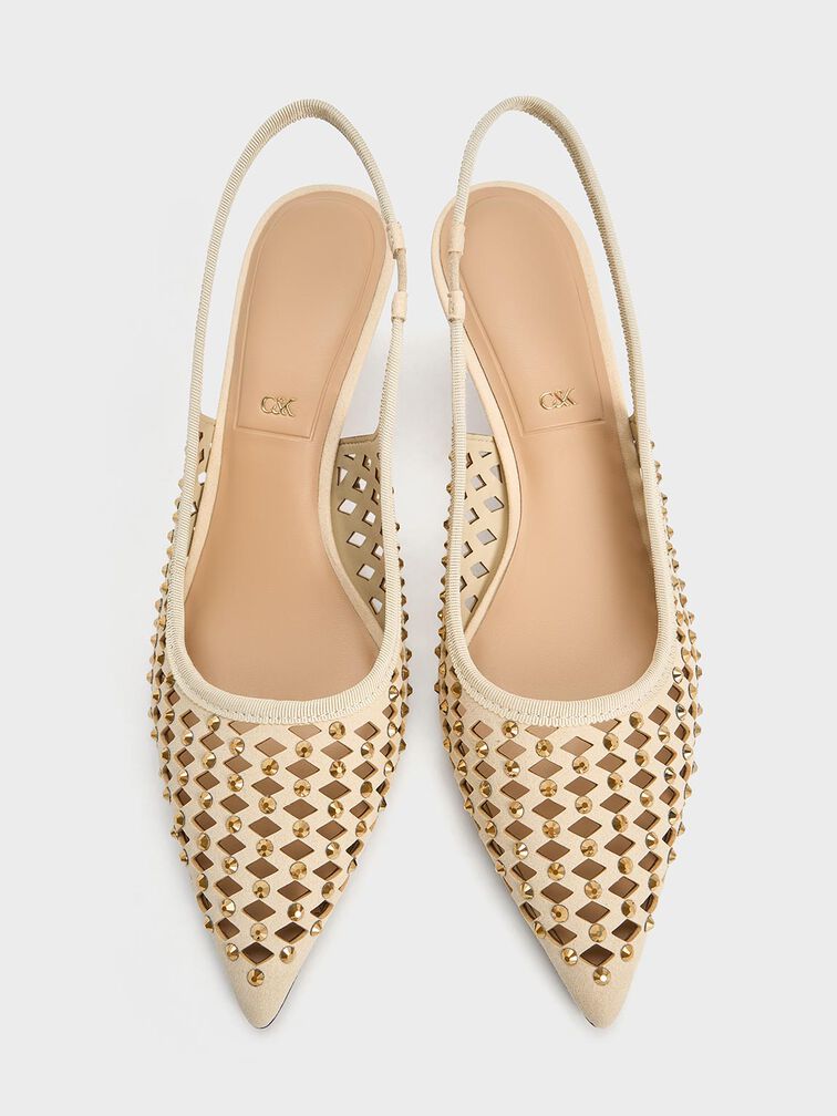 Studded Cut-Out Kitten-Heel Slingback Pumps, Cream, hi-res