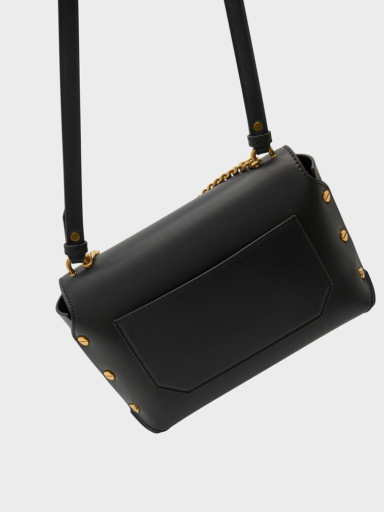 Metallic Accent Front Flap Bag, Black, hi-res