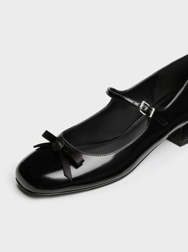 รองเท้าปิดส้นทรงแมรี่เจนประดับดีเทลโบว์กุหลาบรุ่น Kelis, หนังเงาสีดำ, hi-res