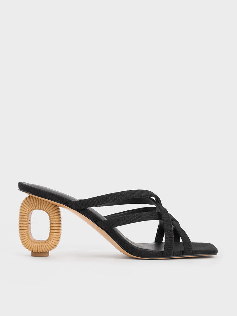 Linen Sculptural-Heel Strappy Mules, Black Textured, hi-res