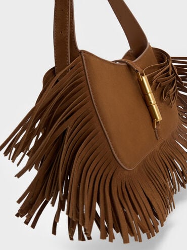 Cesia Recycled Suede Metallic-Accent Fringed Shoulder Bag, Sienna Brown, hi-res