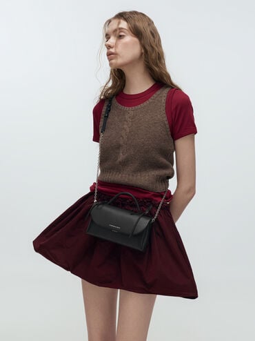 กระเป๋าสตางค์ประดับโบว์พร้อมสายโซ่รุ่น Hazel, สีดำอะไหล่สีเงิน, hi-res