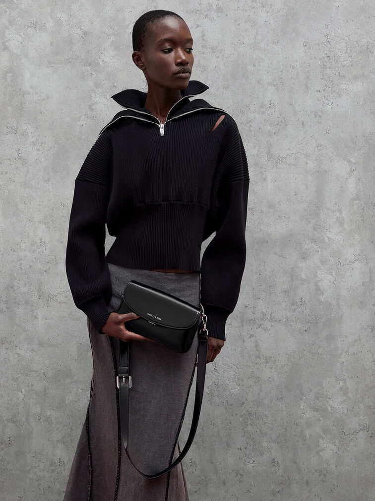Caia Front Flap Shoulder Bag, Noir, hi-res