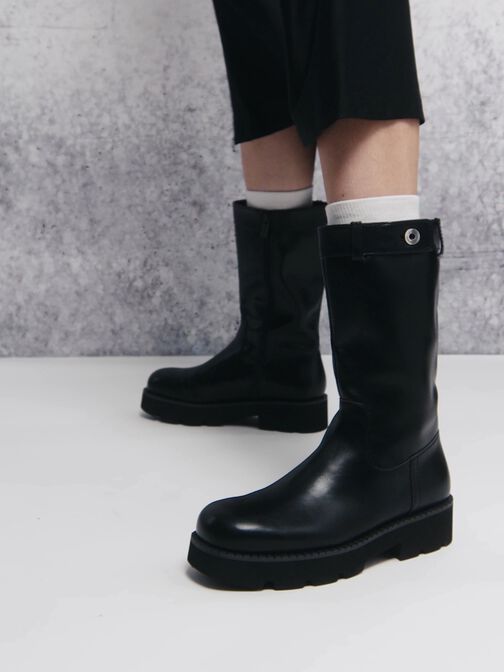 Side-Zip Lug-Sole Calf Boots, Black, hi-res