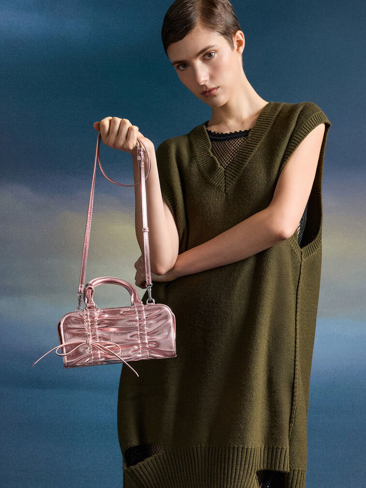 Kadee Metallic Ruched Bow-Charm Bowling Bag, Aura Pink, hi-res