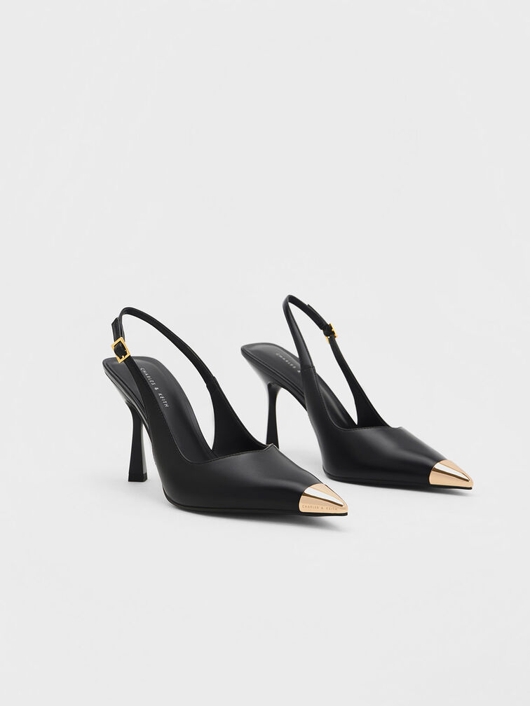 Metallic Cap Pointed-Toe Slingback Pumps, , hi-res