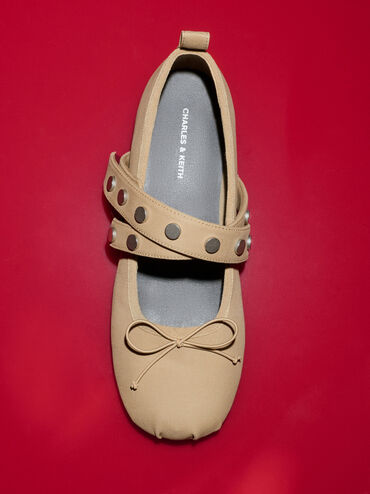 Gael Twill Studded Crossover-Strap Bow Mary Janes, Beige, hi-res