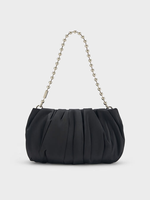 Satin Ruched Bead-Handle Bag, , hi-res