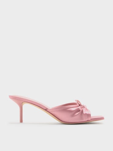Satin Ruched Bow Heeled Mules, Pink, hi-res