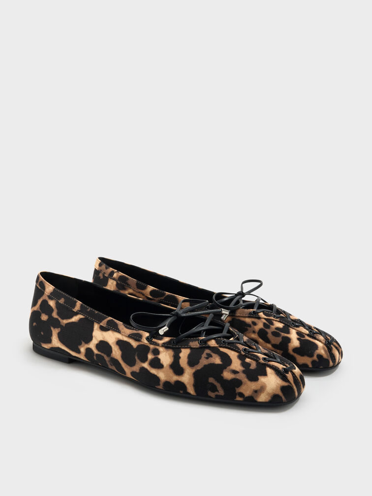 Leopard-Print Lace-Up Bow Ballet Flats, Animal Print Natural, hi-res
