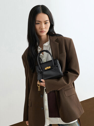 กระเป๋าโท้ทมินิดีเทลตัวล็อคแบบหมุนรุ่น Kerry, สีดำ, hi-res