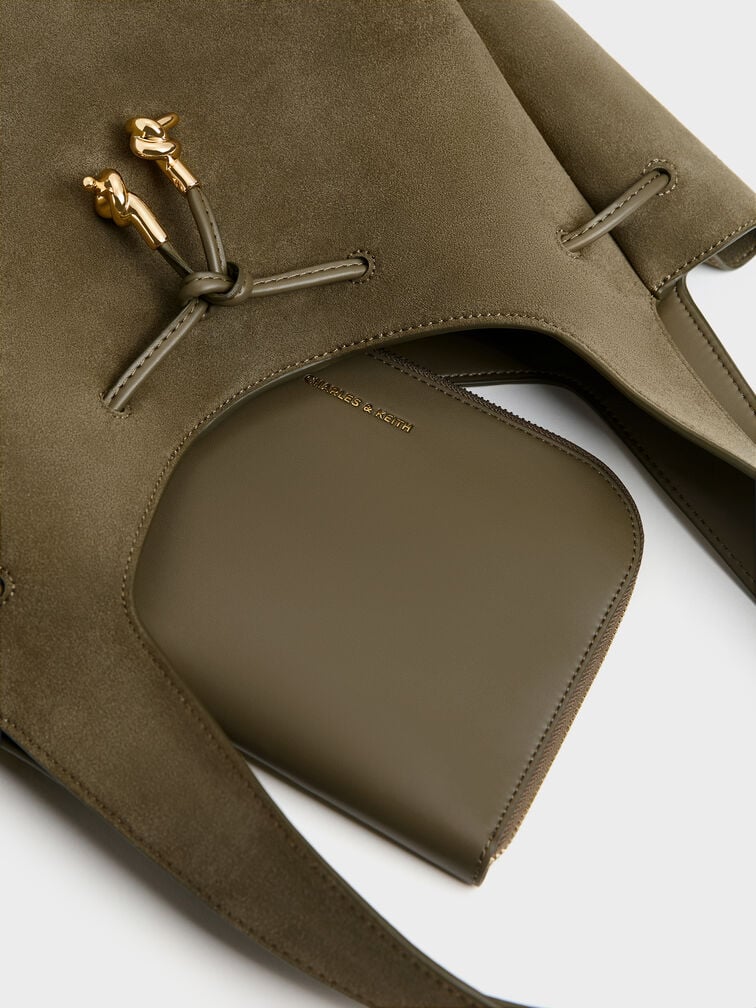 กระเป๋าโท้ทวัสดุหนังกลับรีไซเคิลดีไซน์ที่ปิดแบบเชือกรูดตกแต่งปมเมทัลลิครุ่น Mila, สีดีพโอลีฟ, hi-res