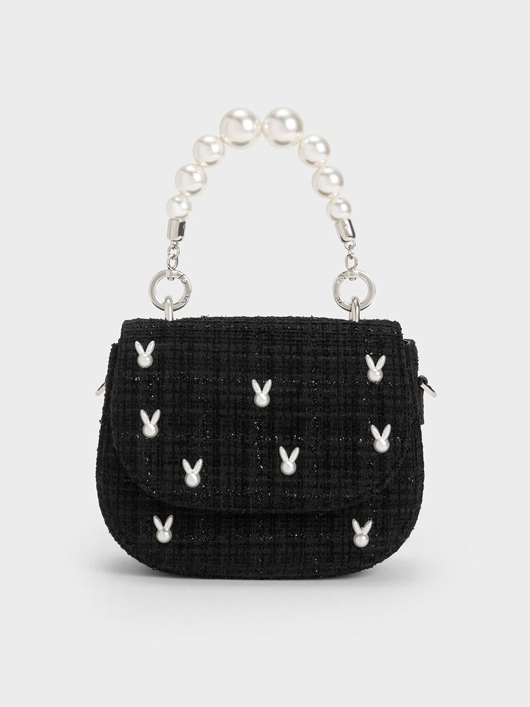 Bunny Tweed Beaded Handle Bag, สีดำ, hi-res