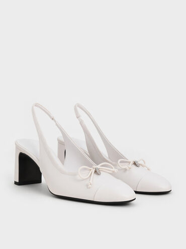 Bow Cap-Toe Slingback Pumps, White, hi-res