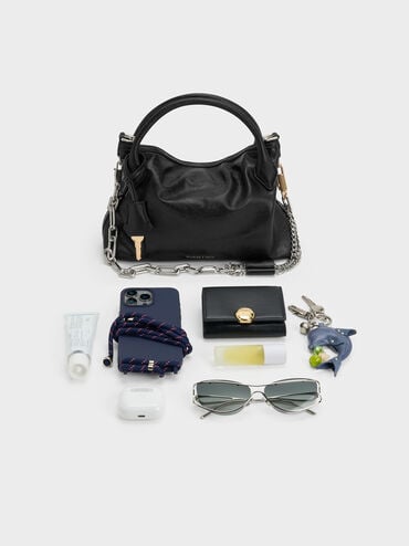 กระเป๋าโท้ทขนาดมินิประดับโซ่รุ่น Delfina, สีดำอะไหล่สีเงิน, hi-res