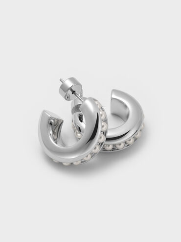 Pearl Open-Hoop Earrings, Silver, hi-res