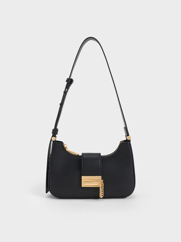 Metallic Accent Belted Bag, Black, hi-res
