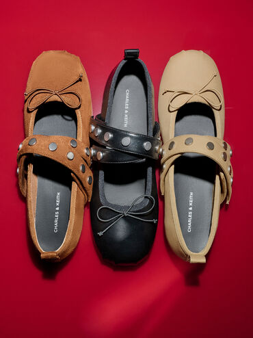 Gael Twill Studded Crossover-Strap Bow Mary Janes, Beige, hi-res