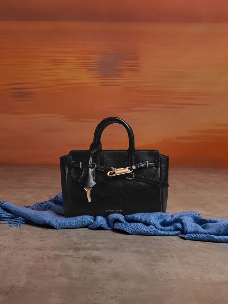 กระเป๋าโท้ทขนาดมินิรุ่น Delfina, สีดำอะไหล่สีเงิน, hi-res