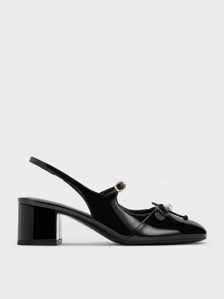 Patent Bow Crystal-Pearl Slingback Mary Jane Pumps, Black Patent, hi-res