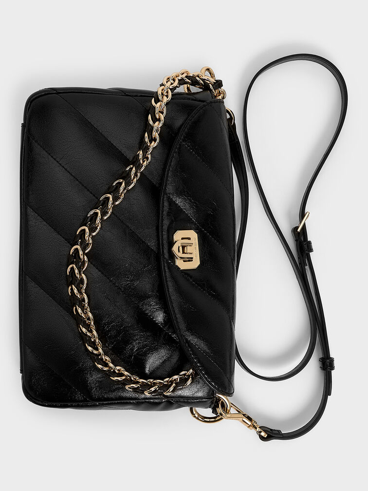 กระเป๋าสะพายไหล่ลายเส้นดีไซน์ที่ปิดด้านหน้ารุ่น Fawn, สีดำ, hi-res