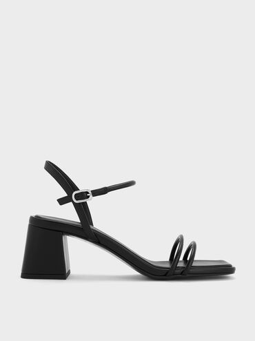Strappy Trapeze-Heel Ankle-Strap Sandals, Black, hi-res